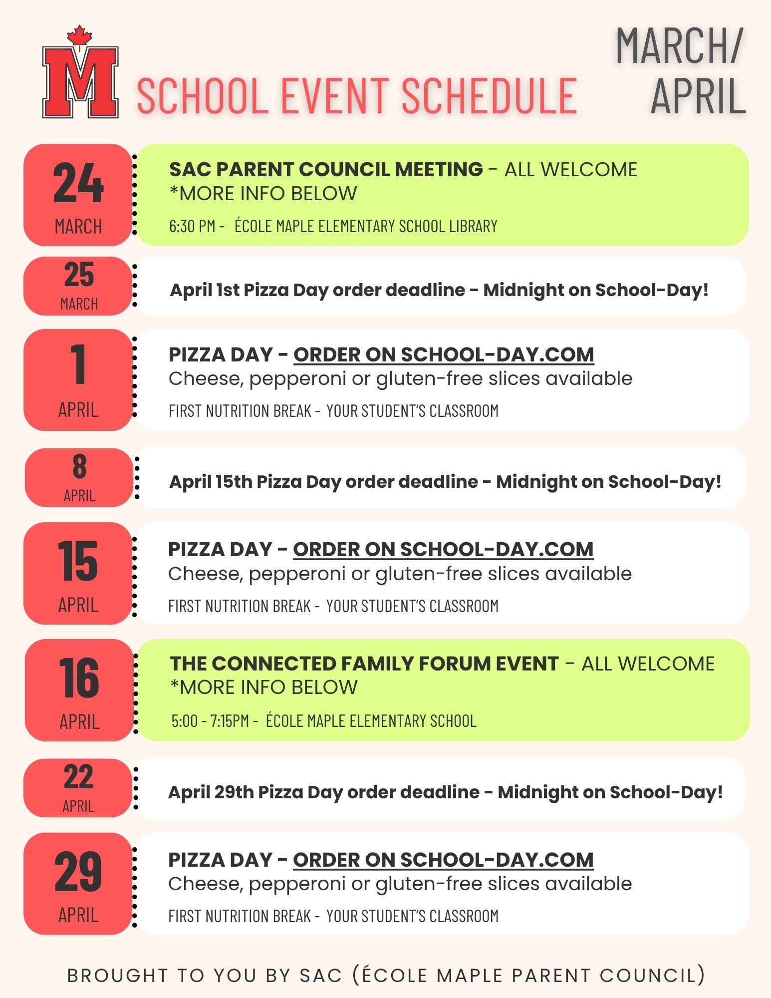 Maple School Event Schedule